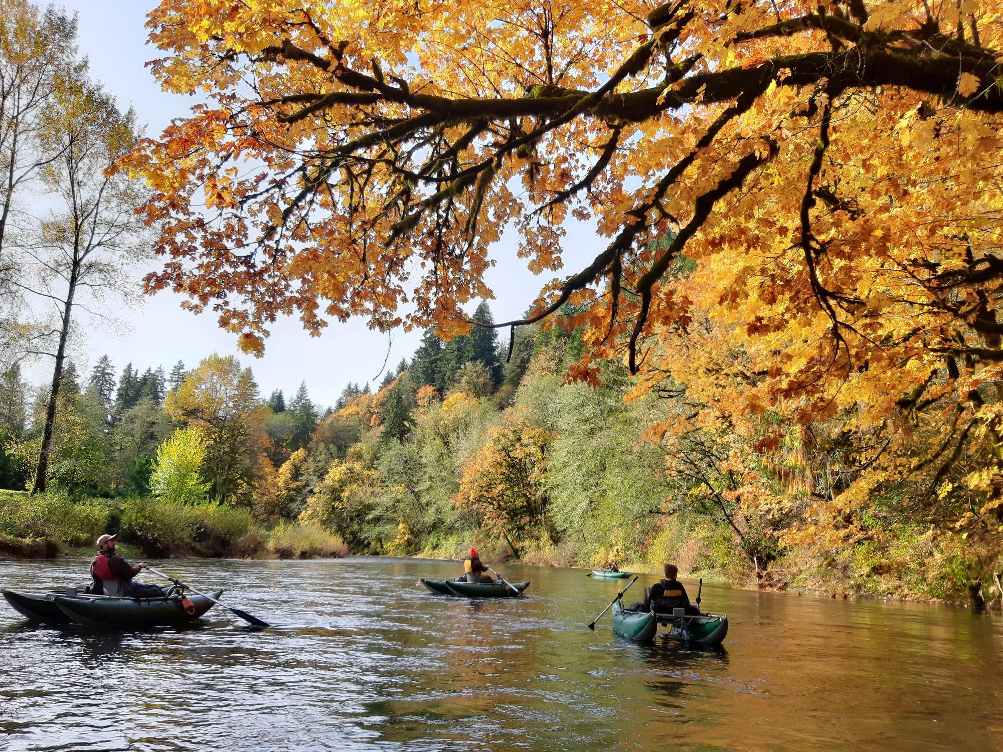 Three people floating river under fall foliage 